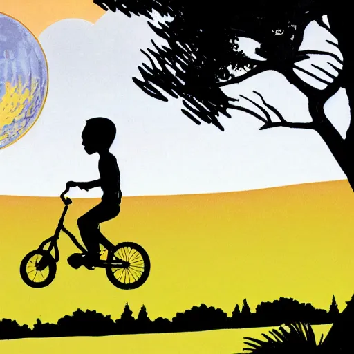 Prompt: ! dream a silhouette of a boy making a big jump with bike with basket in front of it, flying, a silhouette of trees and big grass, big shiny moon on the background at night, a still of e. t. the extra - terrestrial ( 1 9 8 2 )