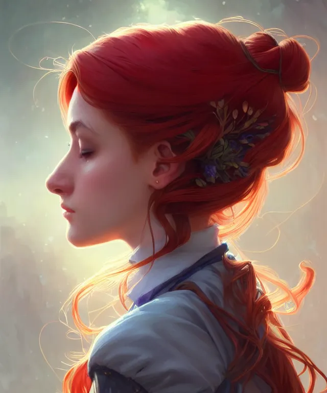 Image similar to side portrait cute female, magic school uniform, fantasy forest landscape, dnd fantasy magic, long red hair, cinematic rim light, intricate, elegant, highly detailed, digital painting, artstation, concept art, smooth, sharp focus, illustration, art by artgerm and greg rutkowski and alphonse mucha