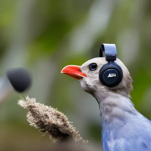 Image similar to A photograph of a bird wearing headphones and speaking into a microphone