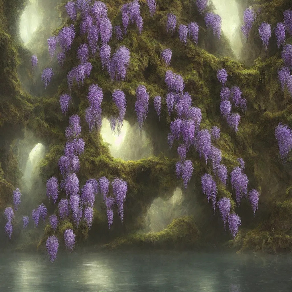 Prompt: “ a painting of a wisteria tree in a beautiful cave with a lake, a detailed matte painting by artem demura, artstation hq, matte painting, volumetric lighting ”
