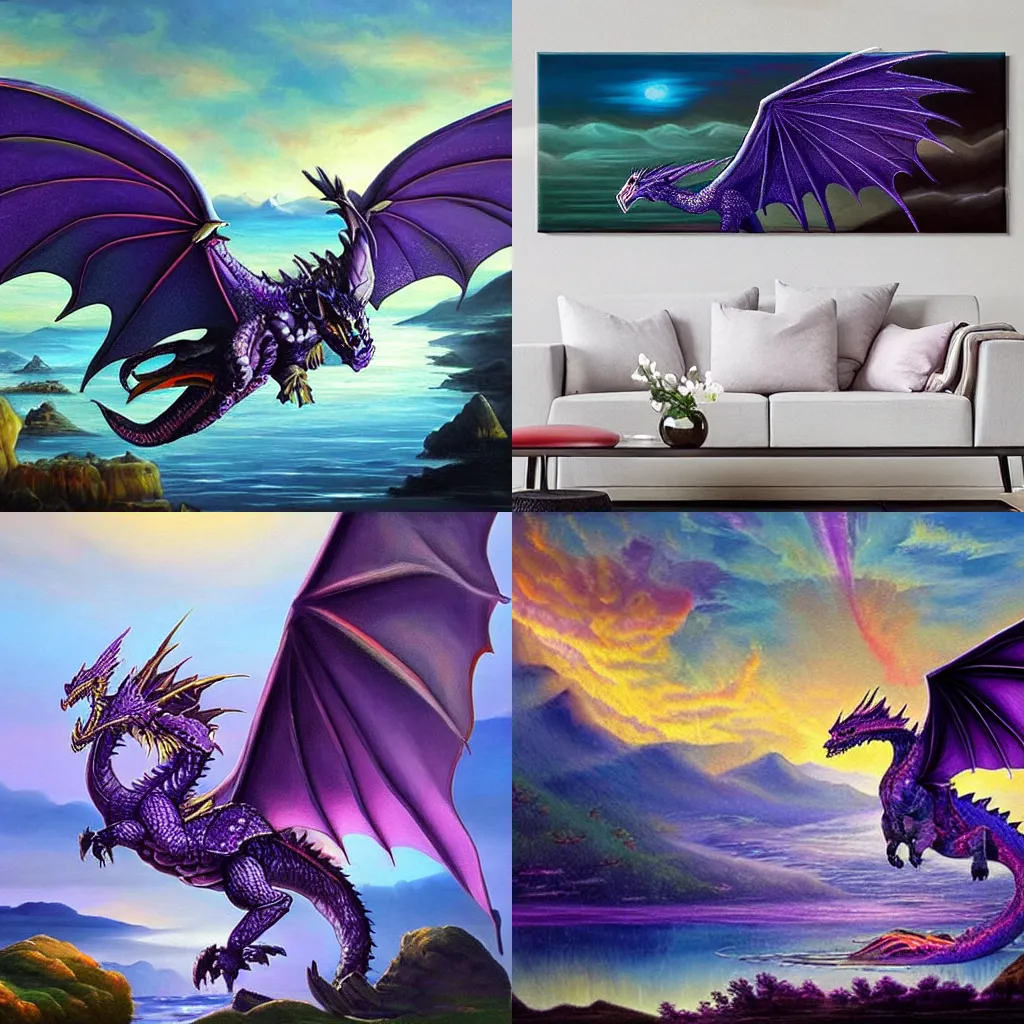 Prompt: an oil painting masterpiece of an heroic fantasy purple crystal dragon flying over a lake, by Sandara, dusk atmosphere, sparkles