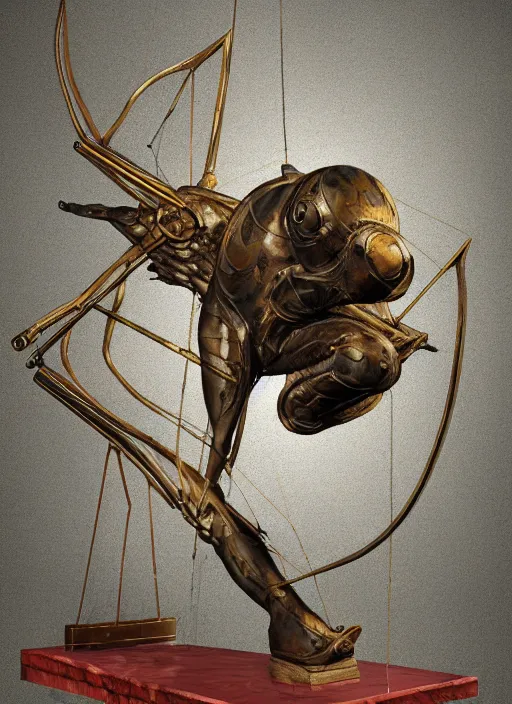 Prompt: An epic fantastic realism comic book style painting of a distressed bronze archery sculpture from the future by Stanislaw Szukalski, gilded colorful marbled paper background, winged archer, fisheye lens, unreal 5, DAZ, hyperrealistic, octane render, dynamic lighting