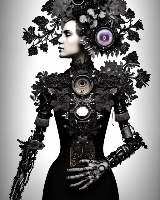 Image similar to monochrome profile portrait painting, silver lace floral steampunk biomechanical beautiful young female cyborg with techno eye, volumetric light, leaves foliage and stems, hibiscus flowers, sinuous fine roots, fine foliage lace, alexander mcqueen, rim light, big gothic fashion pearl embroidered collar, octane render, dutch masters, 8 k