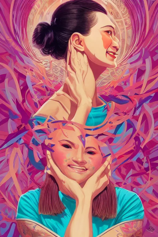 Prompt: a beautiful girl smiling, Tristan Eaton, victo ngai, artgerm, RHADS, ross draws