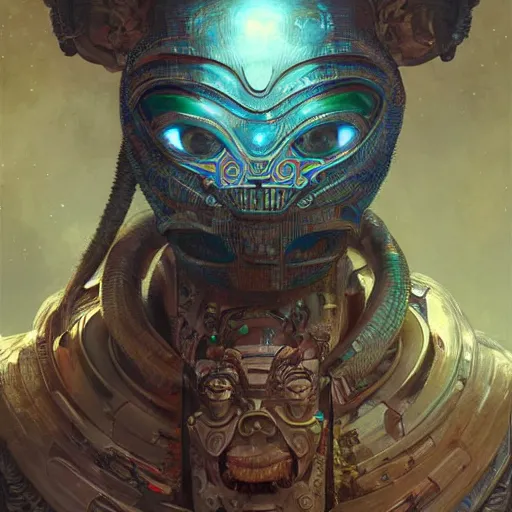 Image similar to An Alien Robot Mayan Ruler, facial tattoos, artists portrait, biomechanical, wild jungle, fantasy, highly detailed, digital painting, concept art, sharp focus, depth of field blur, illustration, art by artgerm and greg rutkowski and alphonse mucha