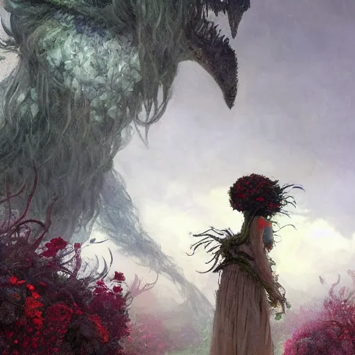 Image similar to a gigantic beautiful terrifying monster made of flowers looms over a tiny human. ethereal horror fantasy art by greg rutkowski and raymond swanland and monet