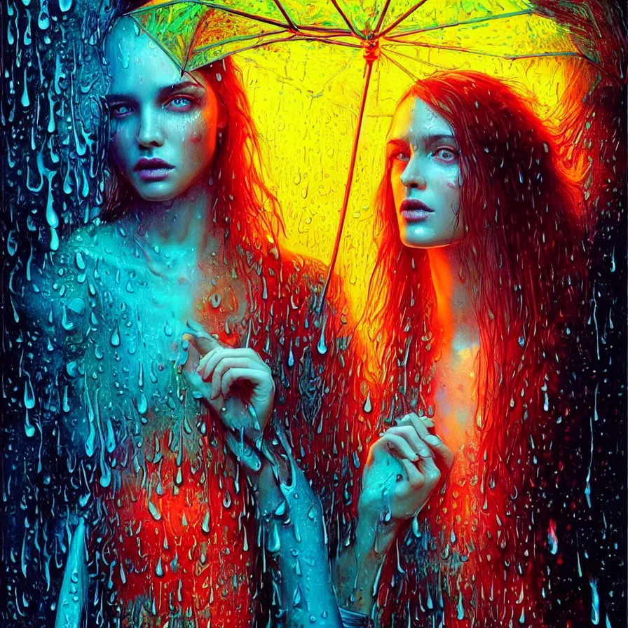 Image similar to bright asthetic portrait of LSD in rain with wet hair and face, liquid, fantasy, intricate, elegant, dramatic lighting, highly detailed, lifelike, photorealistic, digital painting, artstation, illustration, concept art, smooth, sharp focus, art by John Collier and Albert Aublet and Krenz Cushart and Artem Demura and Alphonse Mucha