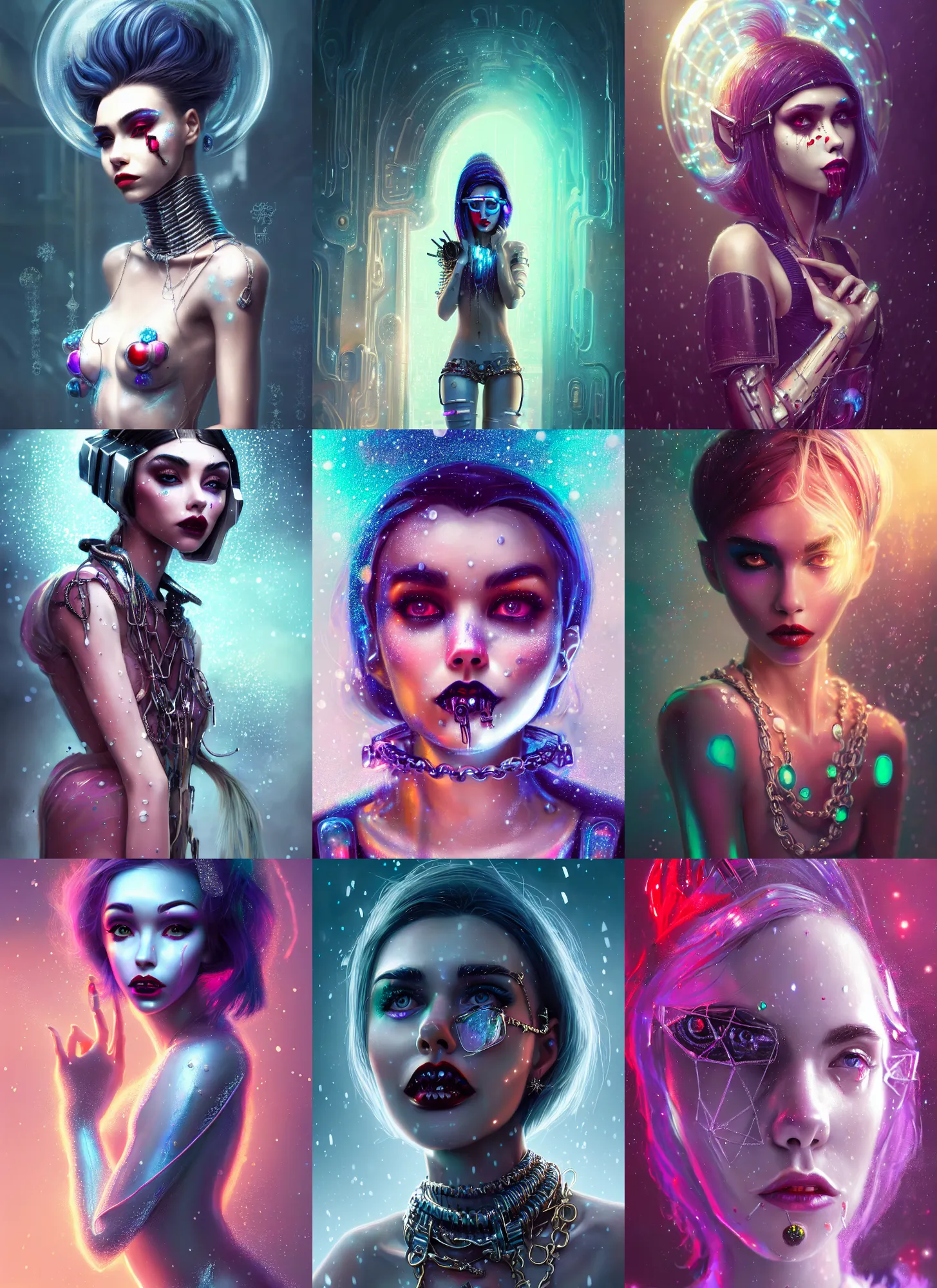 Prompt: disney 8 k photo, gorgeous shiny sweaty rich pearlescent chained white emo clowncore nerd cyborg madison beer, vogue, fibonacci, snow, sci fi, fantasy, cyberpunk, intricate, decadent, highly detailed, digital painting, octane render, artstation, concept art, smooth, sharp focus, illustration, art by loish, wlop
