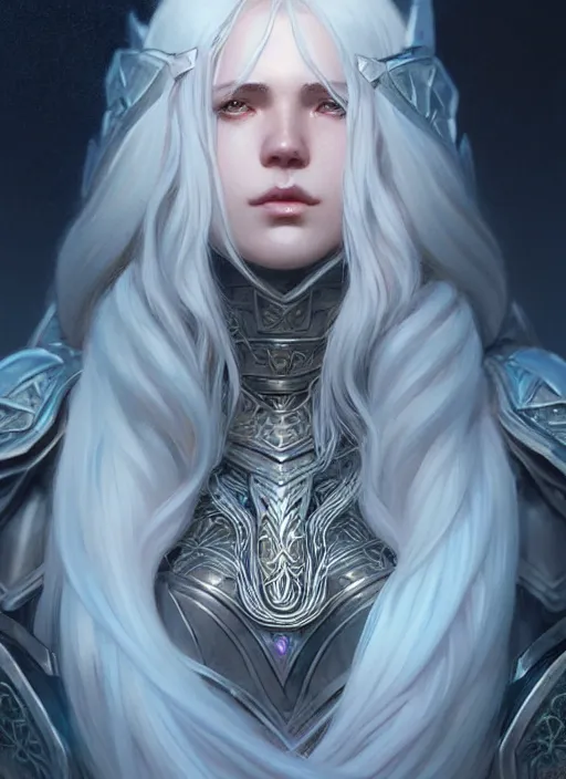 Prompt: light opal armor!!! long wild white hair!! covered chest!!! fantasy, d & d, intricate ornate details, digital painting, pretty face!!, symmetry, concept art, sharp focus, illustration, art by artgerm! greg rutkowski magali villeneuve wlop! ilya kuvshinov!!, octane render