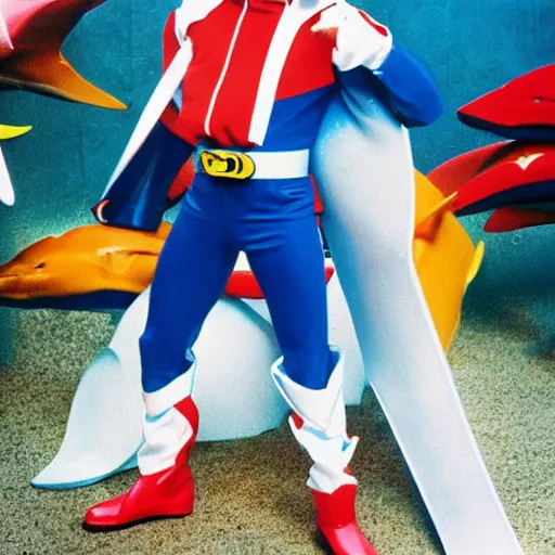 Image similar to a photograph of a super sentai Ranger wearing a dolphin themed blue and white suit, 80s aesthetic