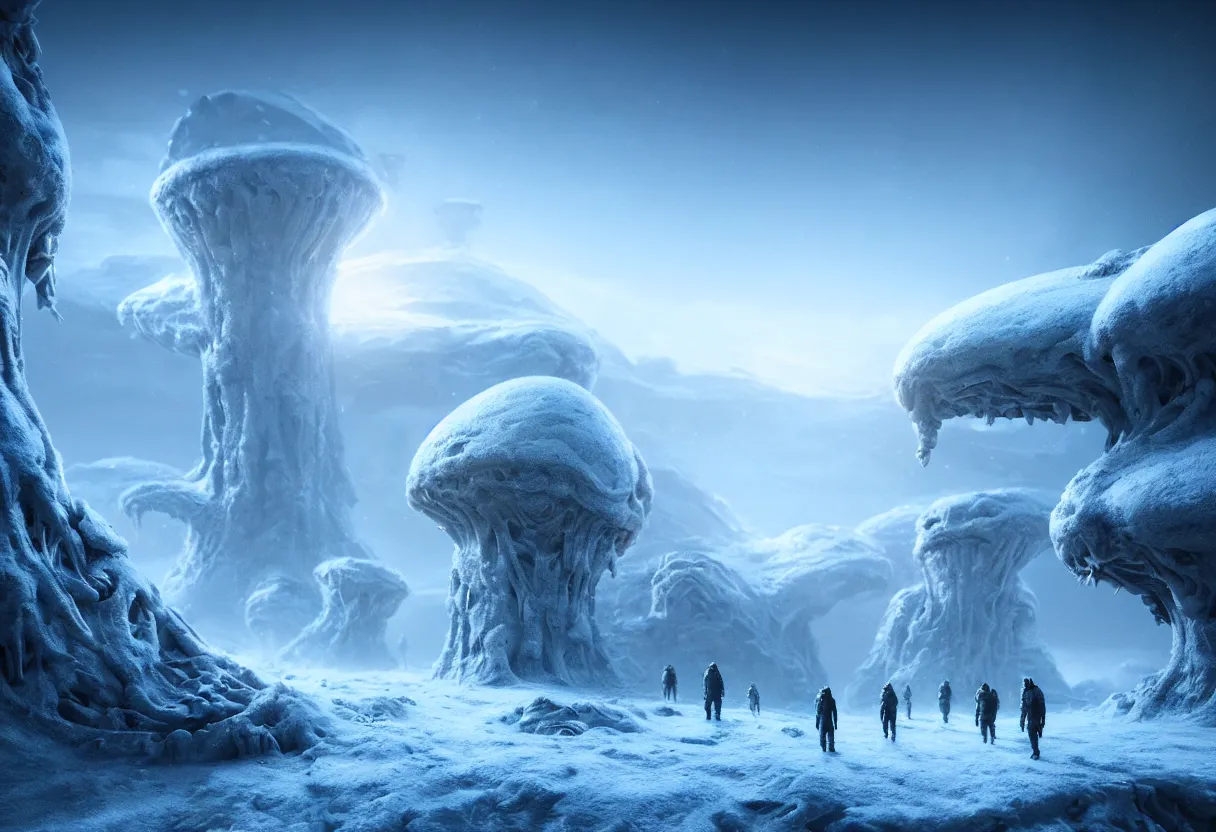 Image similar to alien winter landscape of human mind and imagination, matte painting, beautiful render, octane render, concept art