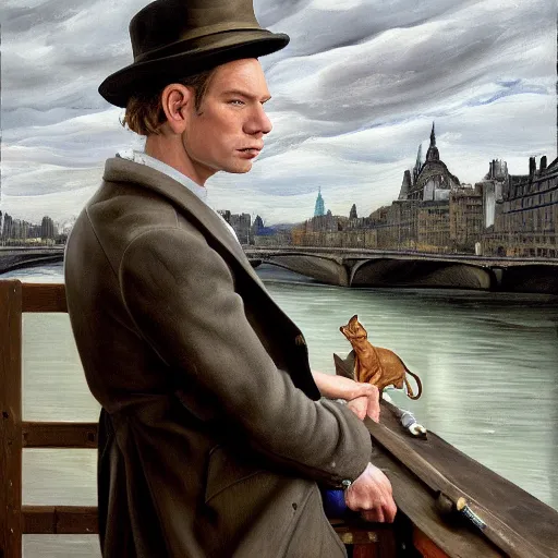 Image similar to high quality high detail painting by lucian freud, ewan mcgregor is standing by the river seine on a bridge in the morning. he is wearing a gentleman ´ s outfit with a bowler hat. next to him at his feet is lying a brown cat. ewan mcgregor is painting a canvas that is put on an easel. morning light, 4 k