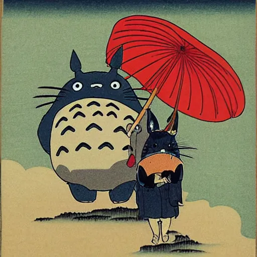 Prompt: Totoro is holding an umbrella in the rain, ukiyo-e