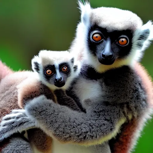Image similar to a baby lemur clings to the belly of her mother, madagascar, raining, stormy photos in the style of national geographic, photorealistic - h 6 4 0