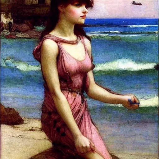 Image similar to a very beautiful futuristic girl on the beach drawn by john william waterhouse