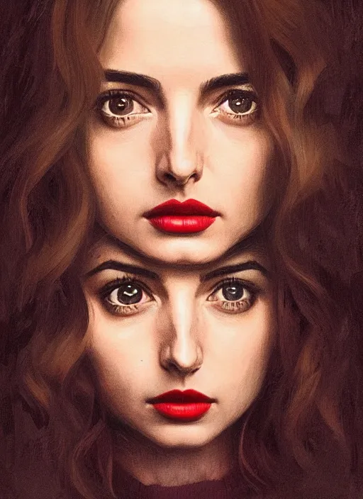 Prompt: twin peaks movie poster art, portrait of ana de armas, from scene from twin peaks, clean, simple illustration, nostalgic, domestic, highly detailed, digital painting, artstation, concept art, smooth, sharp focus, illustration, artgerm, donato giancola, joseph christian leyendecker, wlop