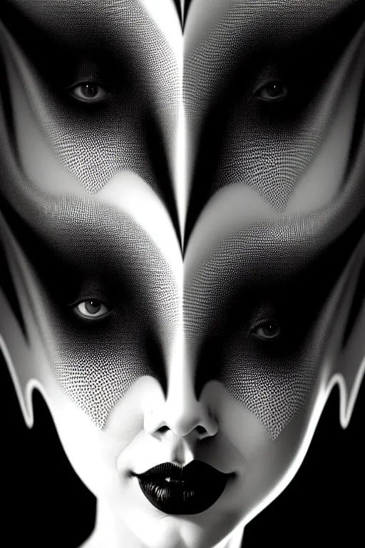 Image similar to portrait of a young beautiful woman with a mask. contemporary photograph, speed painting, fractal, mandelbulb. black and white, black on black. intricate, elegant, super highly detailed, professional digital painting, smooth, extreme illustration, Unreal Engine 5, Photorealism, HD quality, 8k resolution, 3D, beautiful, cinematic, art. art deco, man ray.