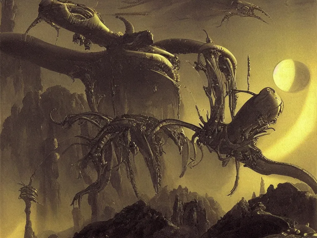 Prompt: Close up view of an alien mollusk on a planet dominated by giant beetles. Thick gothic cathedral smoke. Surreal, melancholic. Painting by Caravaggio, Arnold Bocklin, Roger Dean