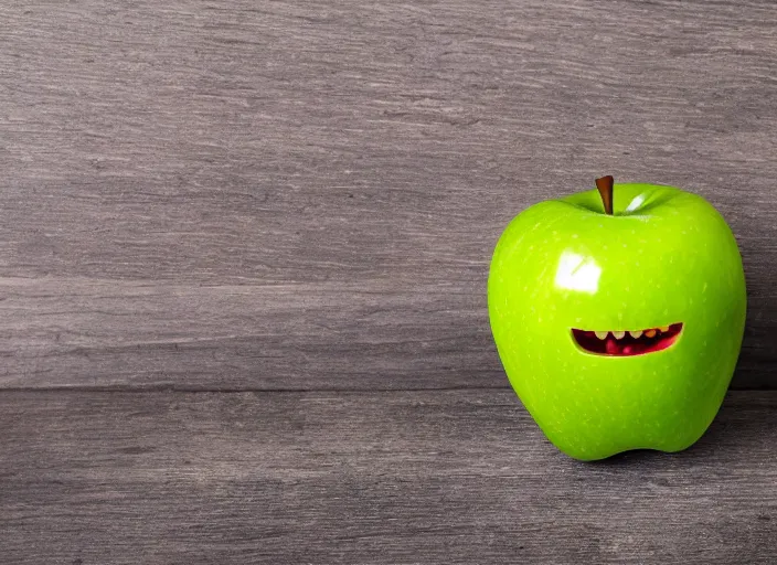 Image similar to photo still of an apple with human teeth, 8 k, studio lighting bright ambient lighting key light, 8 5 mm f 1. 8