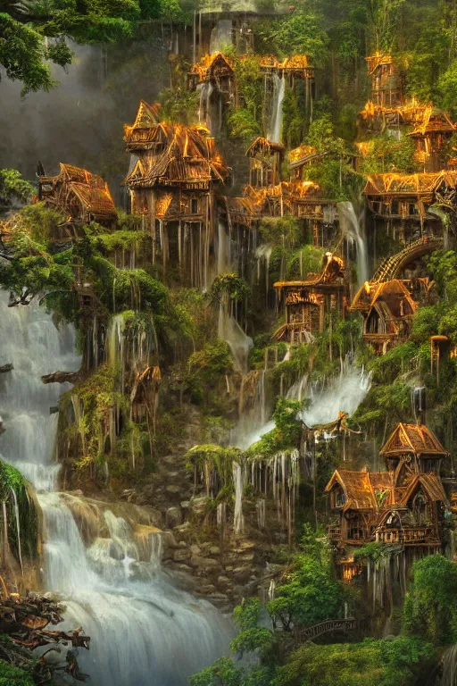 Image similar to wooden elven City with golden roofs, arches and bridges on top of a WATERFALL in the fall, gnarly trees, lush vegetation, forrest, a small stream runs beneath the waterfall, landscape, raphael lacoste, eddie mendoza, alex ross, john howe, concept art, matte painting, highly detailed, rule of thirds, dynamic lighting, cinematic, detailed, denoised, centerd, clean render