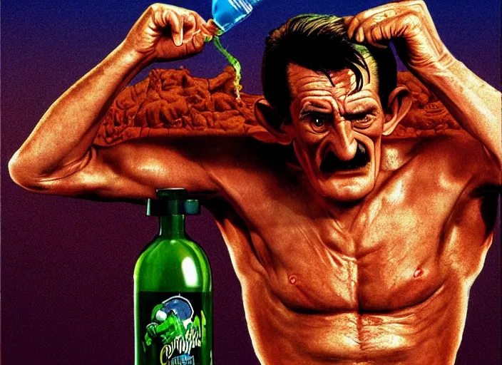 Image similar to barry chuckle chugging a bottle of snake oil, artwork by richard corben, 3 d, high resolution 8 k