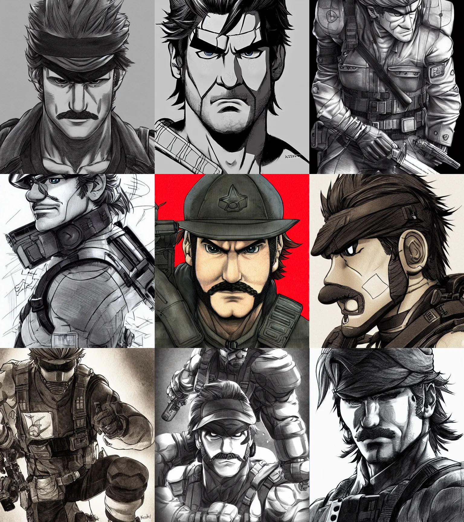 Prompt: portrait solid snake mario by yusuke murata and masakazu katsura, artstation, highly - detailed, cgsociety, pencile and ink, city in the background, dark colors, intricate details