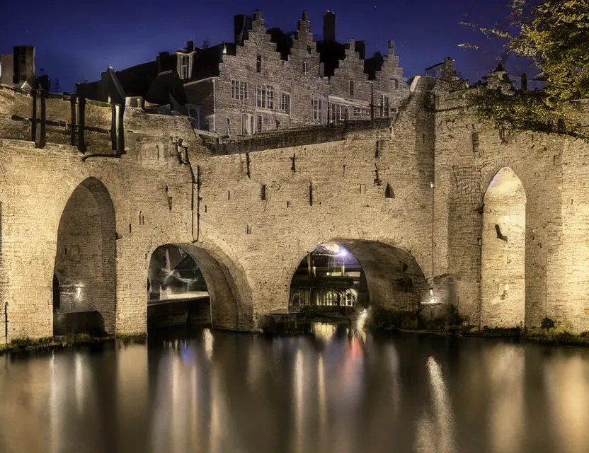 Image similar to close view of a medieval stone bridge over water in gent belgium at night, peaceful and serene, incredible perspective, soft lighting, anime scenery by makoto shinkai and studio ghibli, very detailed