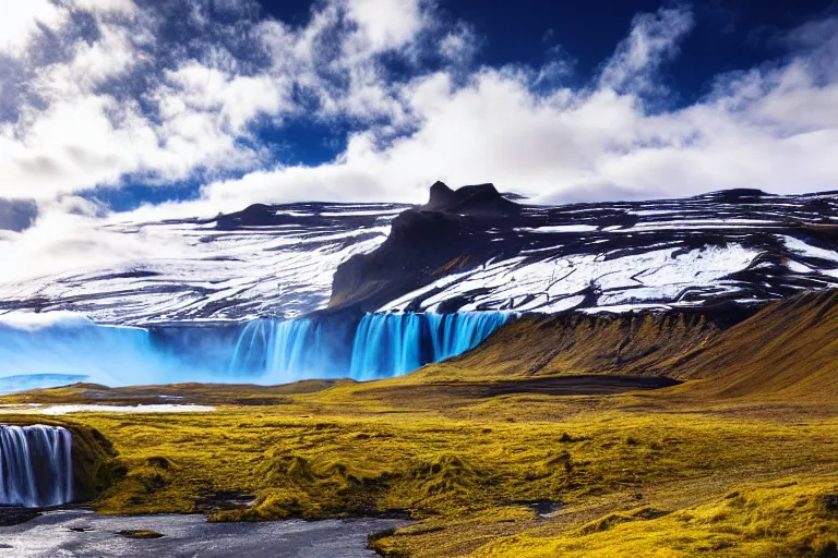 Image similar to photo of a landscape with mountains with waterfalls and snow on top, wallpaper, iceland, new zeeland, professional landscape photography, sunny, day time, beautiful