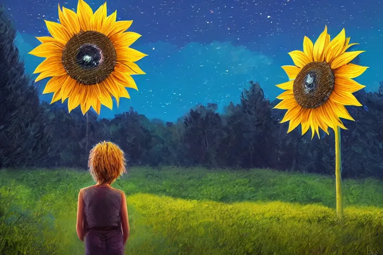 Image similar to giant sunflower as a face, girl walking between trees, hills, surreal photography, dark night, star trails, dramatic light, impressionist painting, clouds, digital painting, artstation, simon stalenhag