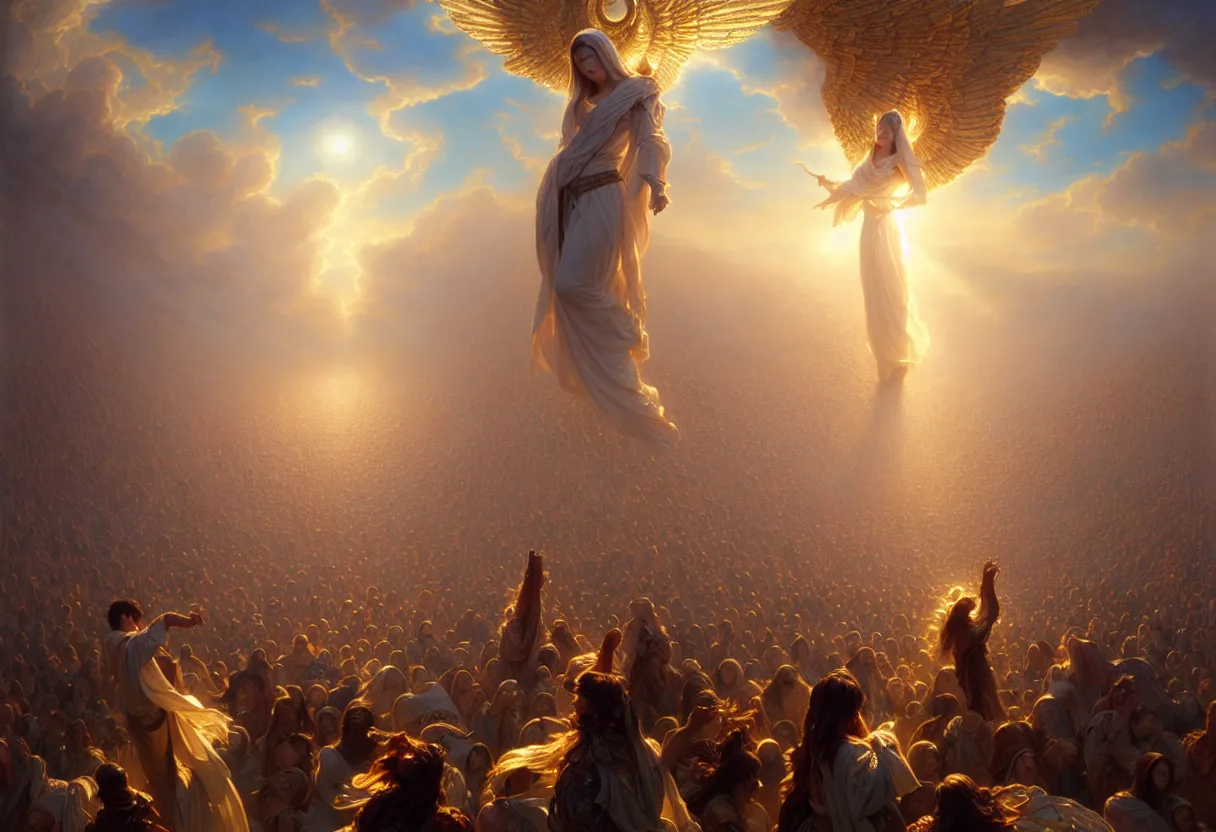 Prompt: opened gates of heaven with millions of people ascending to heaven, biblical, fantasy, intricate, elegant, highly detailed, digital painting, artstation, concept art, smooth, sharp focus, octane render, dramatic lighting, volumetric lighting, cinematic lighting, art by artgerm and greg rutkowski and alphonse mucha and wlop