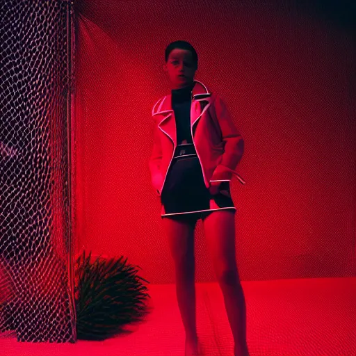 Prompt: realistic photoshooting for a new balenciaga lookbook, color film photography, portrait of a beautiful woman, swirly bokeh. red neon lights and glow in the background, hyper realistic and detailed, by photo in style of tyler mitchell, wes anderson, julia hetta, tim walker, petra collins, 3 5 mm,