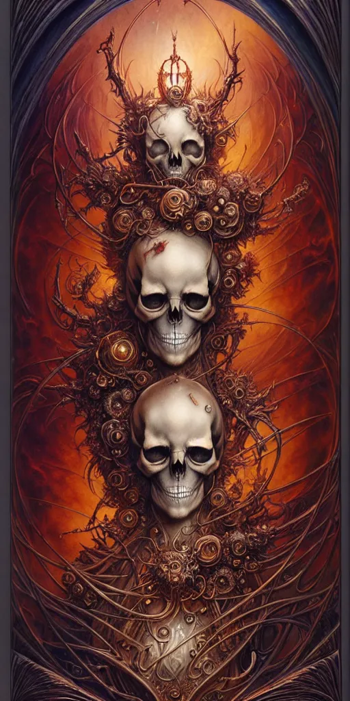 Prompt: A beautiful detailed orixa 2d tarot card by ellen jewett, tomasz alen kopera and Justin Gerard, symmetrical features, ominous, magical realism, texture, intricate, ornate, royally decorated, skull, skeleton, whirling smoke, embers, red adornments, red torn fabric, radiant colors, fantasy, trending on artstation, volumetric lighting, micro details, 3d sculpture, ray tracing, 8k, anaglyph effect