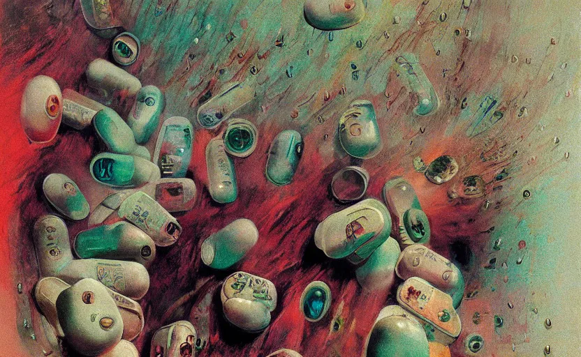 Prompt: pills, blurred, dystopian art, grotesque, apocalypse art, doomed, neural acrylic paint, high resolution, gouache on canvas, ultra detailed, vibrant colors, grotesque, wrapped thermal background, slimey, art by francis bacon, beksinski painting