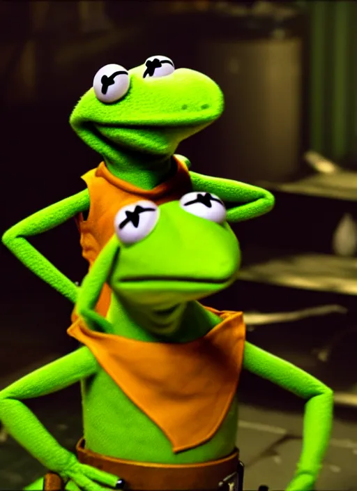 Prompt: kermit the frog in fallout 4, hq screen shot, octane render, cinematic lighting, sharp detail, 5 k