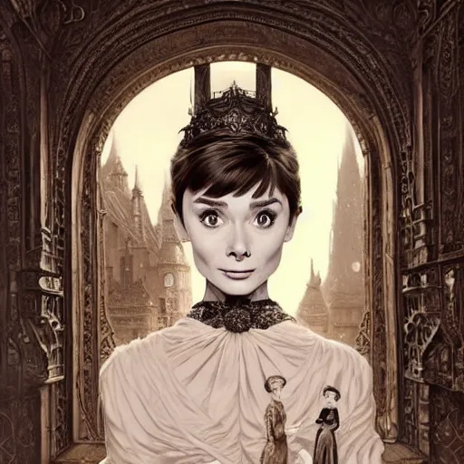 Image similar to audrey hepburn in an epic victorian novel, inside an ornate castle, intricate, elegant, highly detailed, digital painting, artstation, matte, illustration, art by artgerm, greg rutkowski, loish, rhads, ferdinand knab, makoto shinkai, lois van baarle, ilya kuvshinov, rossdraws, tom bagshaw