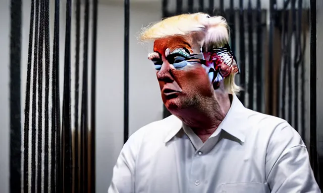 Image similar to full shot of donald trump in a dirty jail cell in guantanamo, by ken loach