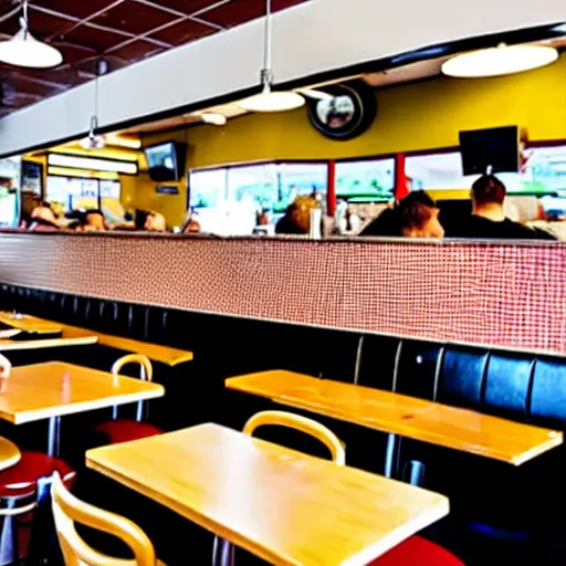 Prompt: busy wafflehouse interior with customers eating breakfast and wafflehouse employees serving food and cooking food behind countertop that has food on top of it