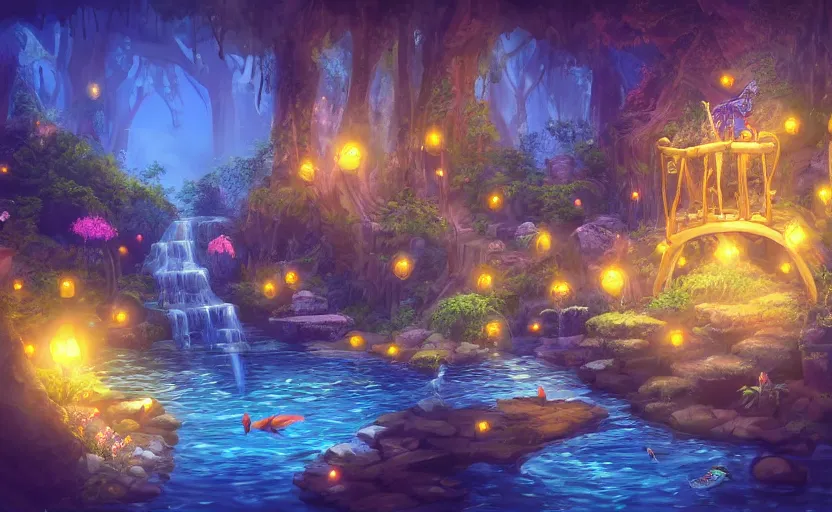 Image similar to magical mine illustration. fantasy, soft lighting, 8 k, sharp focus, global illumination, paid artwork, portfolio, detailed and intricate environment, koi pond vibe