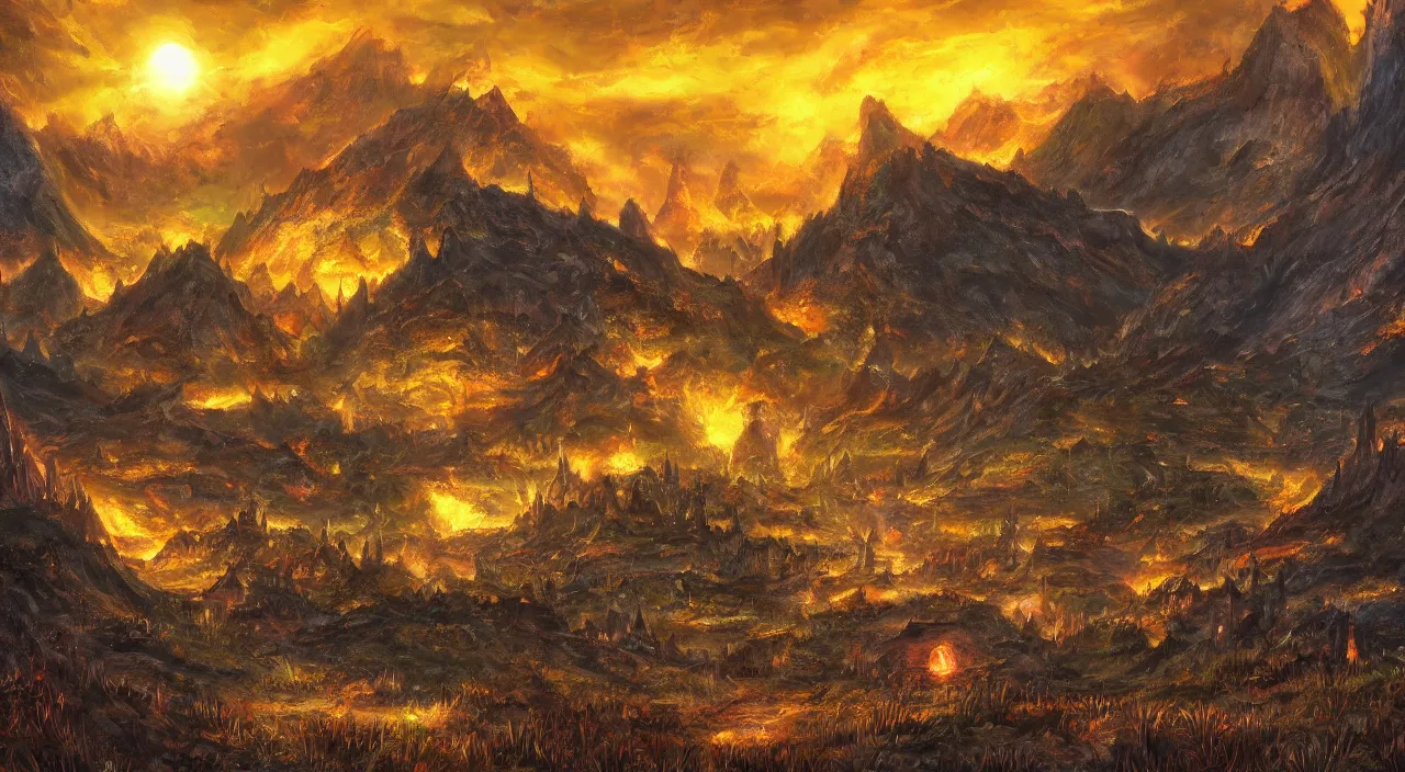 Prompt: The village on the sun under the lava mountains in the lord of the rings lore stylized galaxy and realm of fantasy adventure. Woo hoo I love being fantastical! Landscape scenery painting for an art contest.