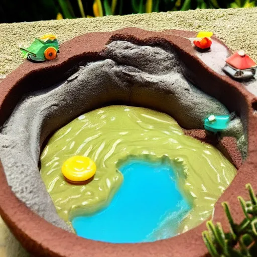 Image similar to a tiny clay pool model full of resin as water, resin and clay art.