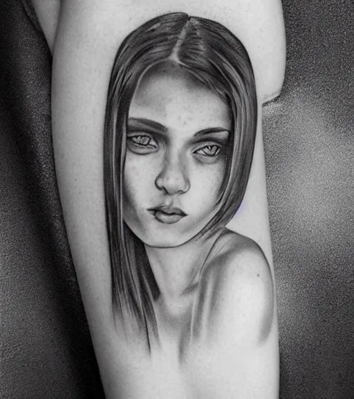 Image similar to a beautiful girl portrait, faded mountain background, realism tattoo, in the style of den yakovlev, black and white, hyper realistic, highly detailed