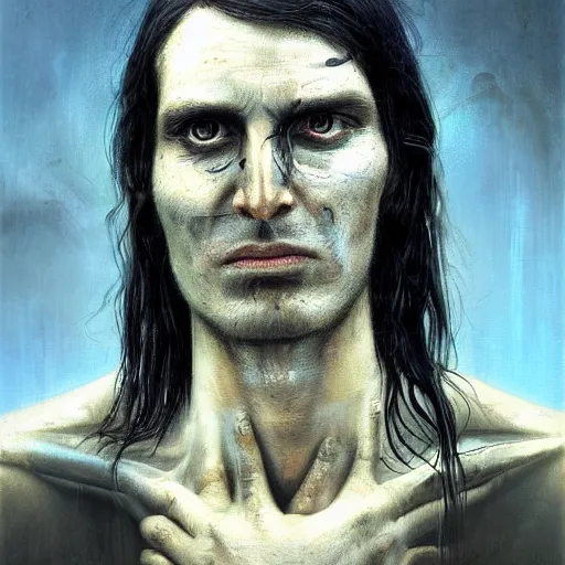 Image similar to surreal portrait of a man by Greg Rutkowski and H.R Giger, he is about 30 years old, messy long black hair, tired appearance, roman nose, peaceful but sad and resigned expression, martyred as a biomechanical transhuman cyborg god, eyes glow electric blue, cosmic void background, frightening, fascinating, highly detailed portrait, digital painting, book cover, artstation, concept art, smooth, sharp foccus ilustration, Artstation HQ.