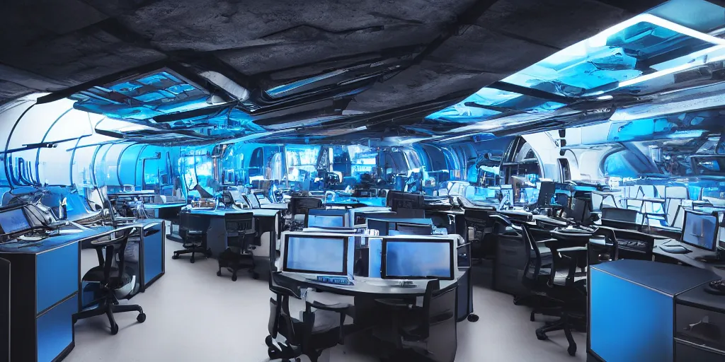 Prompt: a space ship themed work space interior, anthracite, multiple desks, cupboards, black, glass, metal, blue neon lights, cyberpunk, retro futurism, modernism, technology, 8 k