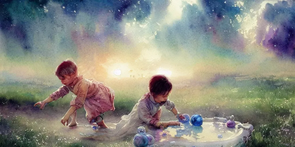 Prompt: a beautiful insanely intricate watercolor illustration of childs playing with soap boubles in a serene field, colorfull, by william turner art, by greg rutkowski, by james jean, by rossdraws, by frank franzzeta, by sakimichan, by edmund dulac, trending on artstation, insanely detailed, masterpiece,