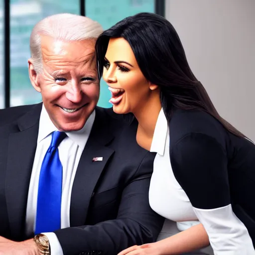 Image similar to stock photo of kim kardashian, and joe biden wearing suits and ties laughing in an office building, 8k resolution, full HD, cinematic lighting, award winning, anatomically correct