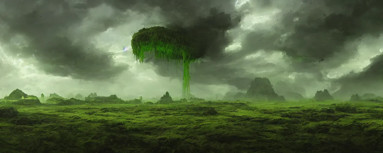 Image similar to landscape covered in green slime and goo, [ cinematic, detailed, epic, widescreen, opening, establishing, mattepainting, photorealistic, 4 k, octane render, art by greg rutkowski ]