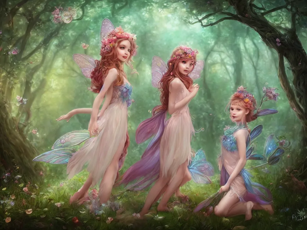 Image similar to two cute fairy in the dreamy forest, fantasy, dreamlike, 8 k resolution, hyper detailed, d & d, character design, digital painting, trending on artstation, sharp focus, illustration, art by artgerm, viktoria gavrilenko, hoang lap, fuji choko, steve zheng