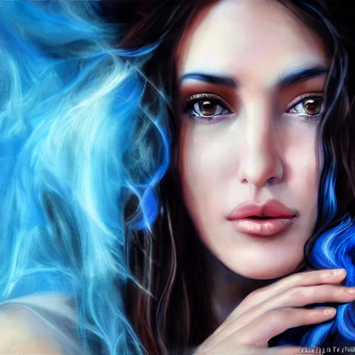 Image similar to Beautiful face Portrait of crying young arab Monica Bellucci, really big blue ocean color huge eyes, blue indygo thunder lightning, long wavy black hair, white veil, blue fire, closeup, focus face, middle eastern, dramatic lighting, intricate, wild, highly detailed, digital painting, artstation, concept art, smooth, sharp focus, illustration, art by artgerm and greg rutkowski and alphonse mucha, footage from space camera