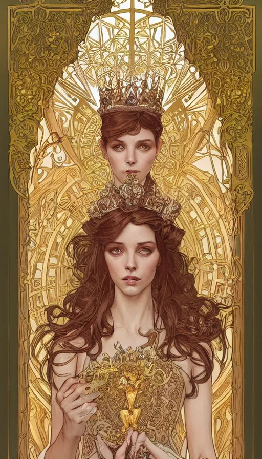 Image similar to a queen, highly detailed, very intricate, art nouveau, gold filigree, left right symmetry, tarot concept art watercolor illustration by mandy jurgens and alphonse mucha and alena aenami, featured on artstation