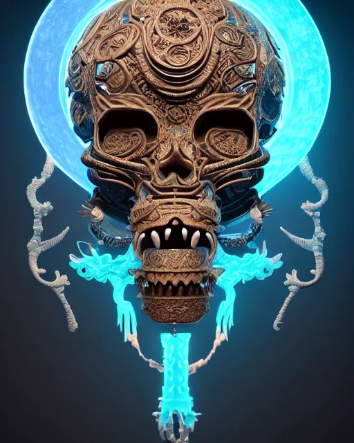 Prompt: 3 d ornate carved robot with tattoos profile portrait, sigma 5 0 0 mm f / 5. beautiful intricate highly detailed quetzalcoatl skull. bioluminescent, plasma, lava, ice, water, wind, creature, thunderstorm! artwork by tooth wu and wlop and beeple and greg rutkowski, 8 k trending on artstation